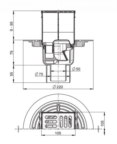 APV2321 Сливной трап 105 × 105/50/75, подводка – прямая, решетка – нержавеющая сталь, гидрозатвор Alca Plast в Горячем Ключе